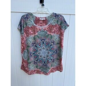 Clover + Pine Woman Top Boho Multicolor Geometric Cap Sleeve Sz